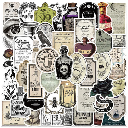 10/50/100pcs Halloween Vintage Potion Bottle Labels Stickers – Retro Horror Gothic Decals for Suitcase, Scrapbooking & Laptop