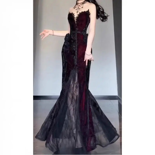 Summer Gothic Grunge Y2K Lace Dress – Dark Academia Korean Style Prom & Party Wear