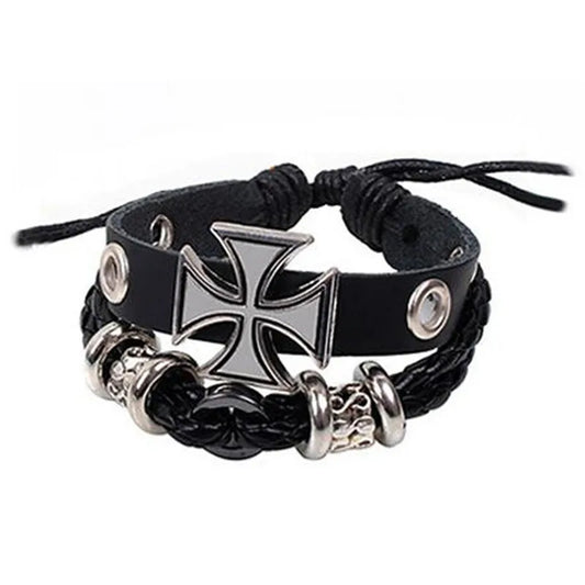 Black German Iron Cross Bracelet – Prussian-Style Alloy & Fabric Wrap Bracelet for Men